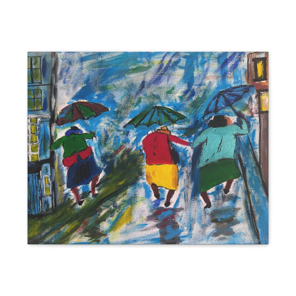 Colorful painting of three people with umbrellas walking on a street.
