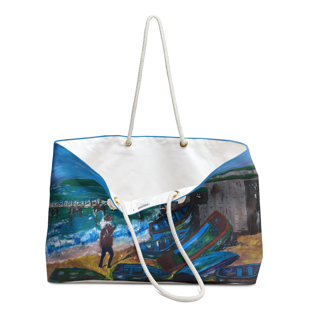 Tote bag with a colorful design of the isle of wight coast on a white background showing the bag slightly open