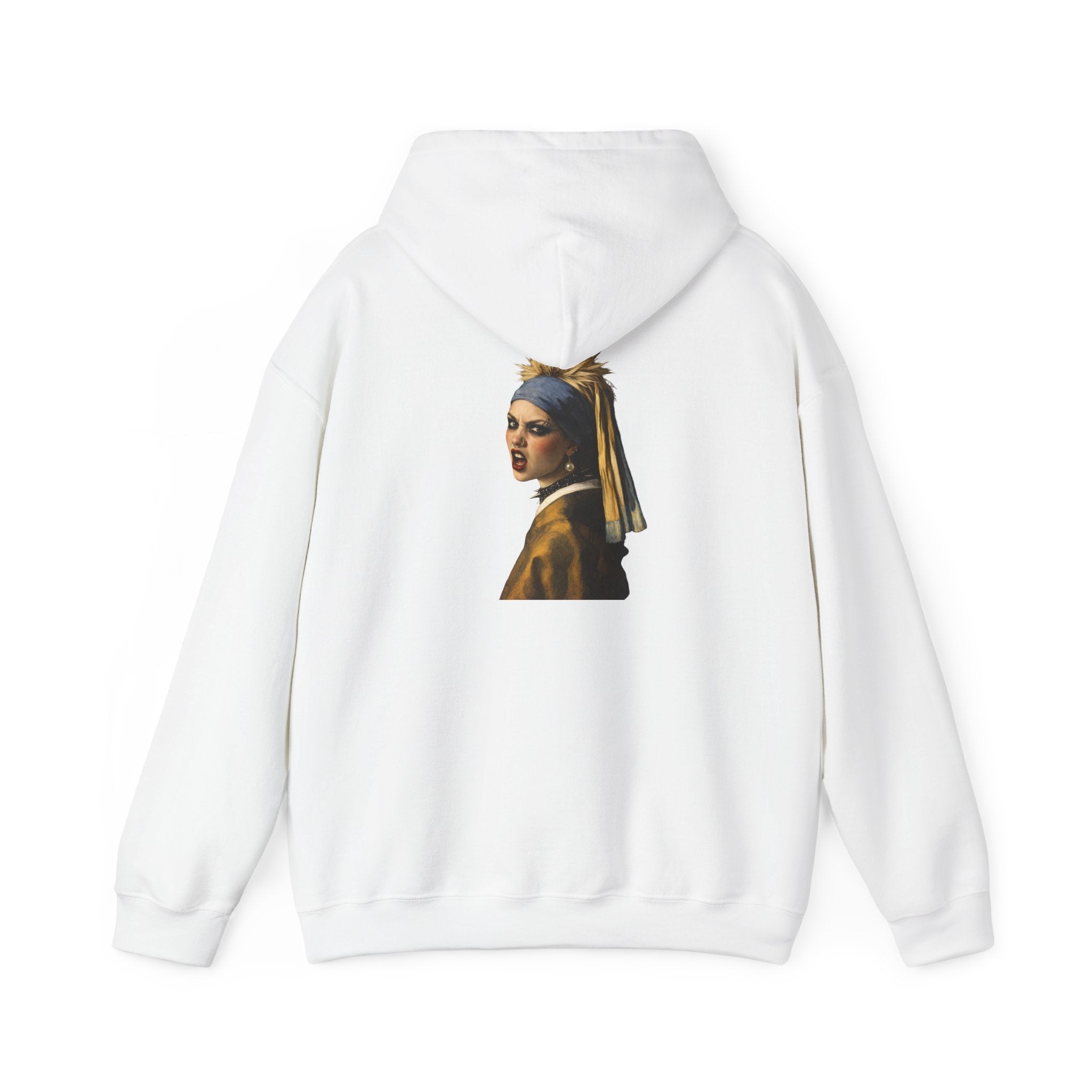 White hoodie with a graphic of a reimagined Vermeer girl with a pearl earring on the back, displayed on a white background