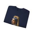 Folded navy blue sweatshirt with a graphic of a woman's face on a navy background