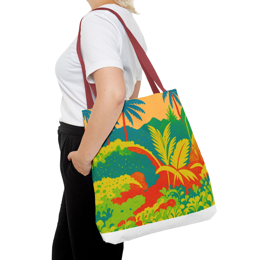 Person holding a colorful tote bag with a tropical design inspired by St Joseph in Barbados on a white background