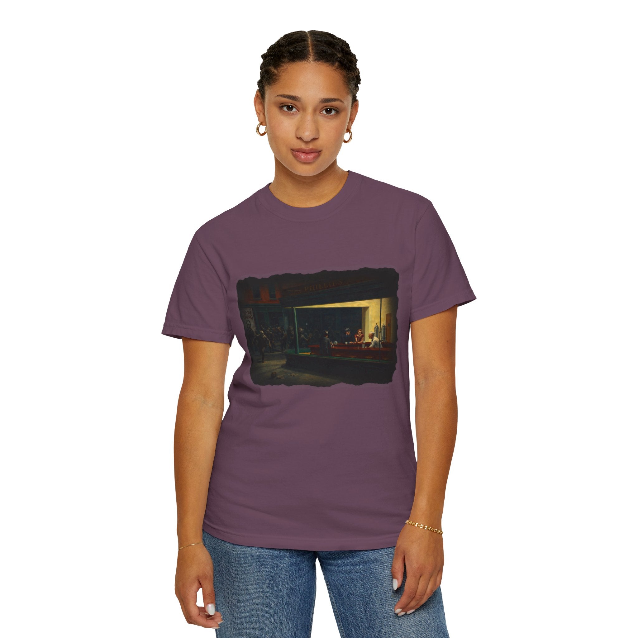 Woman wearing Berry colour tshirt with graphic image inspired by Edward Hopper's Nighthawks on a white background