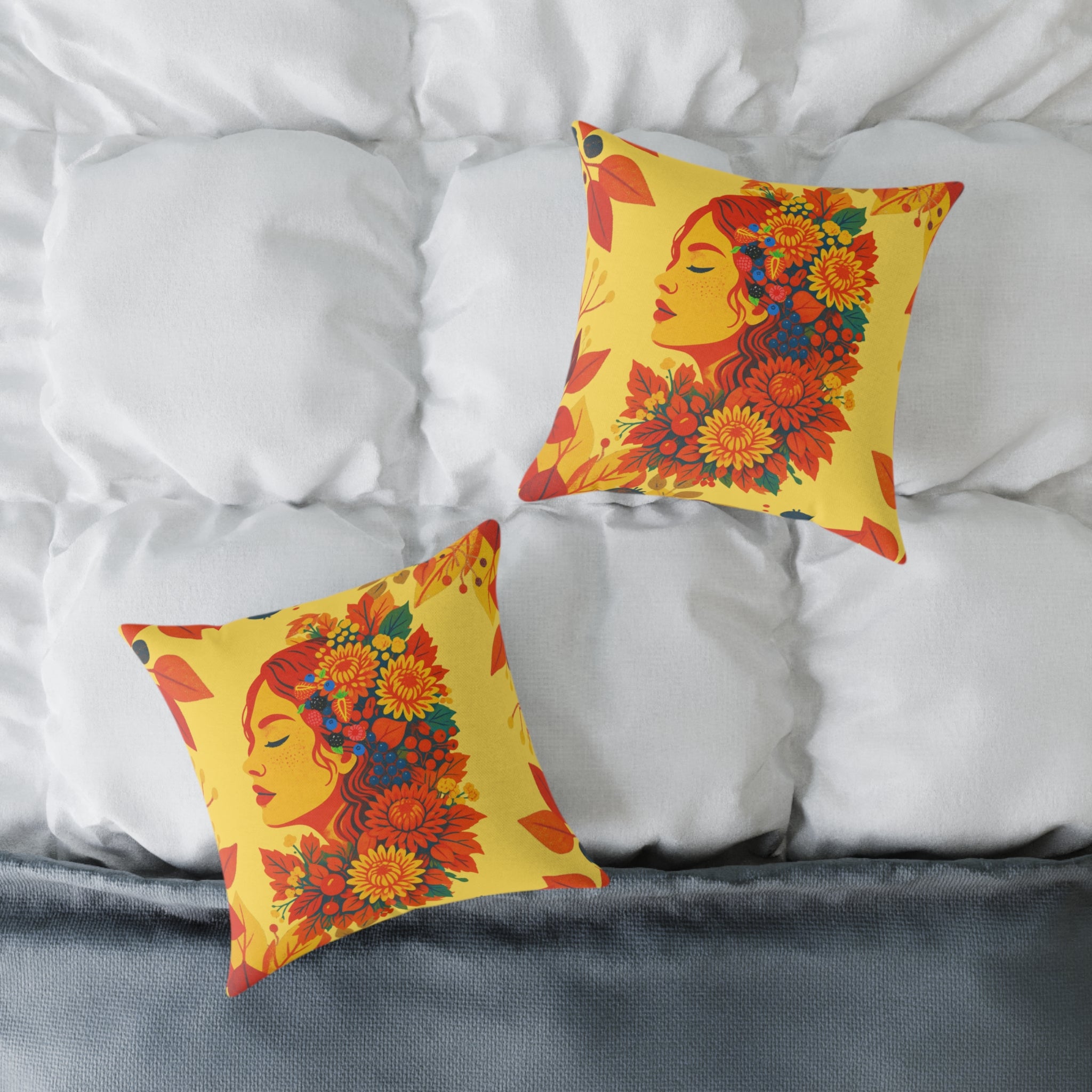 Two decorative pillows with a woman's face and floral designs on a bed.