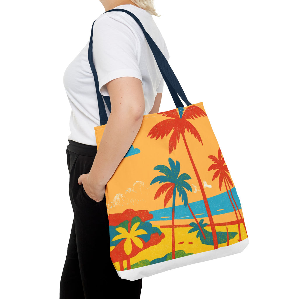 Person holding a colorful tote bag with palm tree design inspired by St Philip in Barbados on a white background