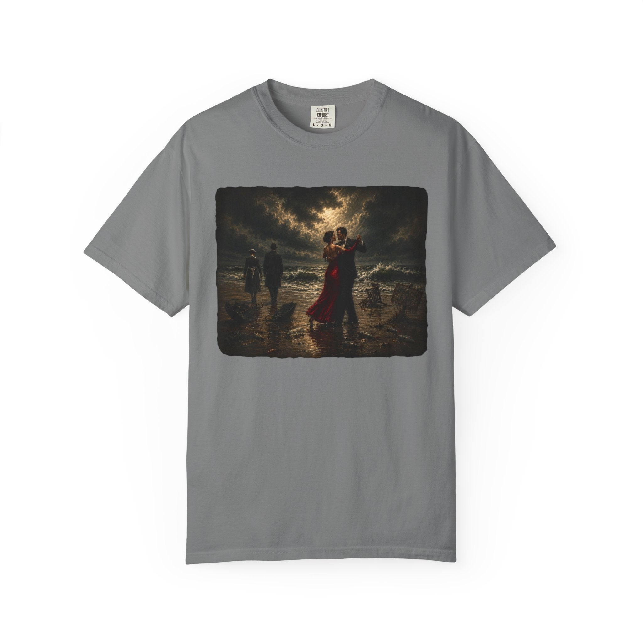Grey t-shirt with a graphic of a Vettriano inspired Singing Butler print on a white background