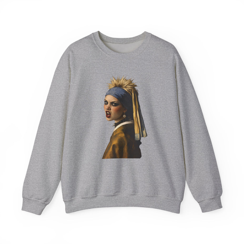 Gray sweatshirt with a graphic of a woman with a pearl earring on a white background