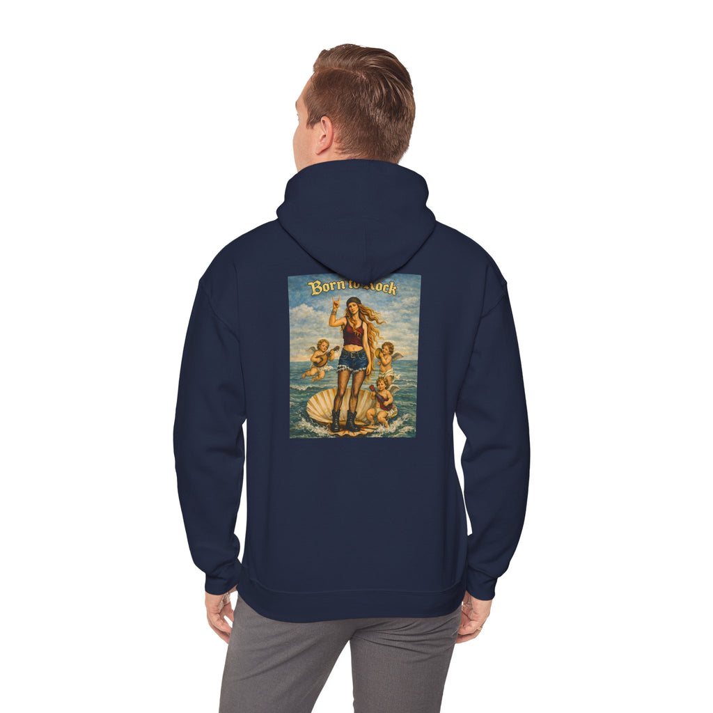 man wearing navy blue hoodie with a reimagined image of Botticelli's Venus on the back with Born to Rock text on a white background 
