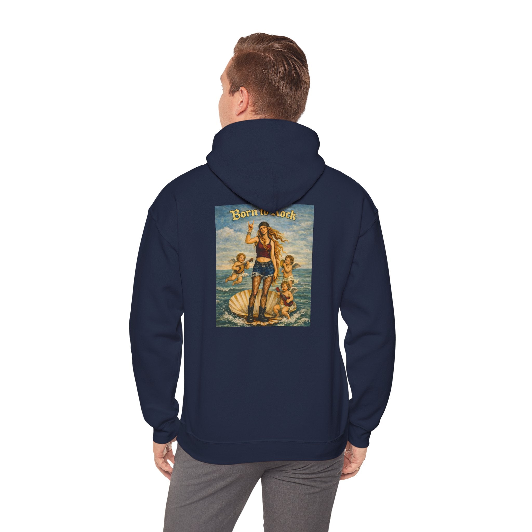 man wearing navy blue hoodie with a reimagined image of Botticelli's Venus on the back with Born to Rock text on a white background 
