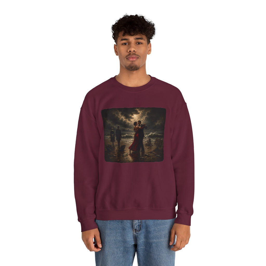 Man wearing a Maroon sweatshirt with a printed design of a Vettriano inspired singing butler image
