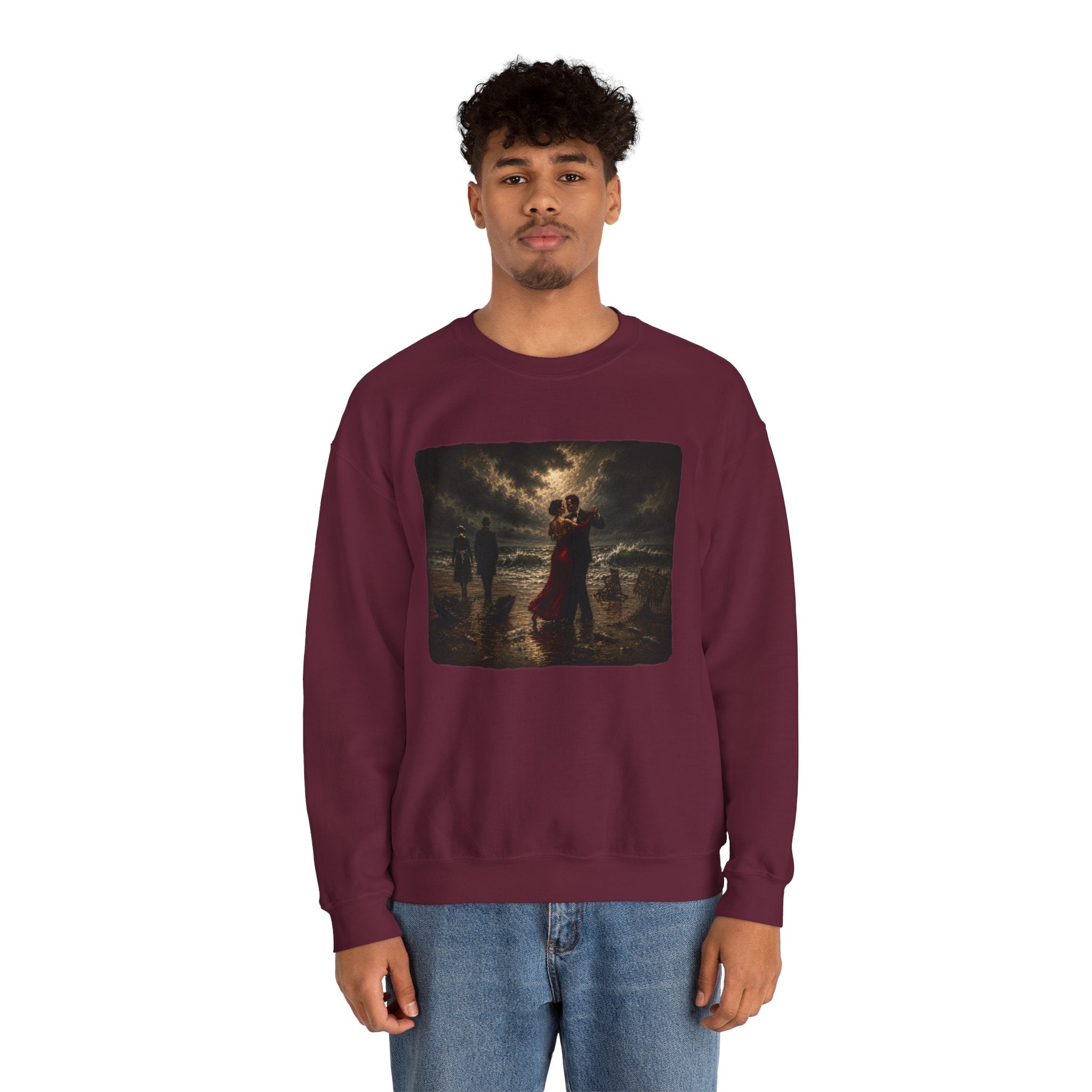 Man wearing a Maroon sweatshirt with a printed design of a Vettriano inspired singing butler image