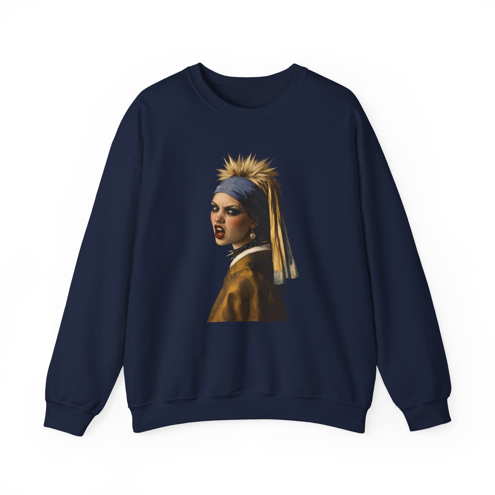 Navy blue sweatshirt with a graphic of a punk version of the girl with the pearl earring on a navy background