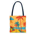 Tote bag with tropical design featuring palm trees and a beach scene inspired by St Philip in Barbados on a white background