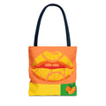 Tote bag with a design of lips and oranges on an orange background