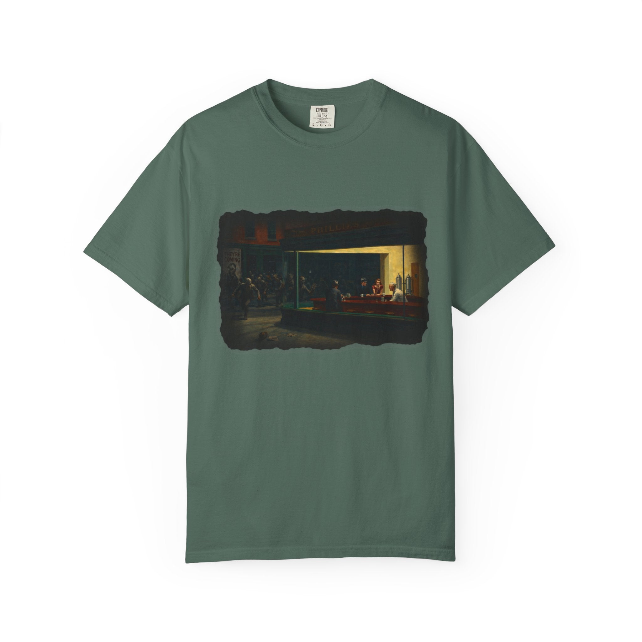 Blue spruce colour tshirt with graphic image inspired by Edward Hopper's Nighthawks on a white background