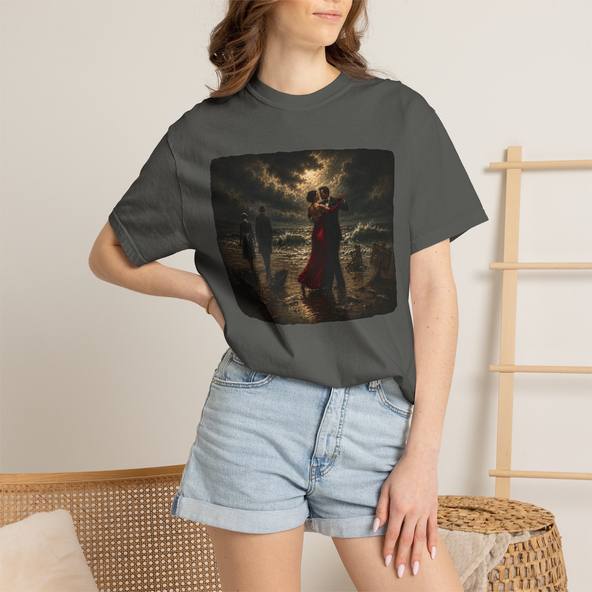Woman wearing a Pepper t-shirt with a graphic of a Vettriano inspired Singing Butler print on a white background