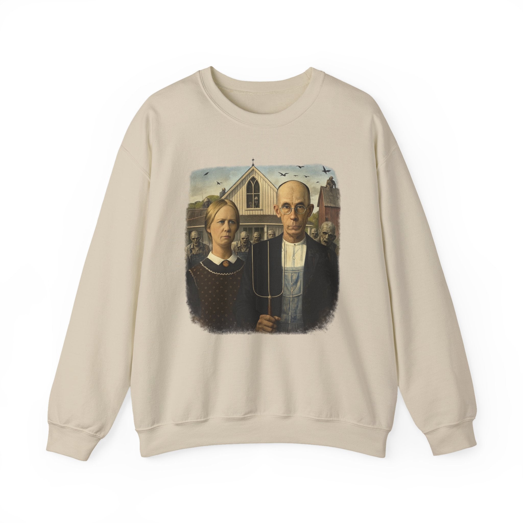 Sand colour sweatshirt with a reimagined image of American Gothic by Grant Wood on a white background