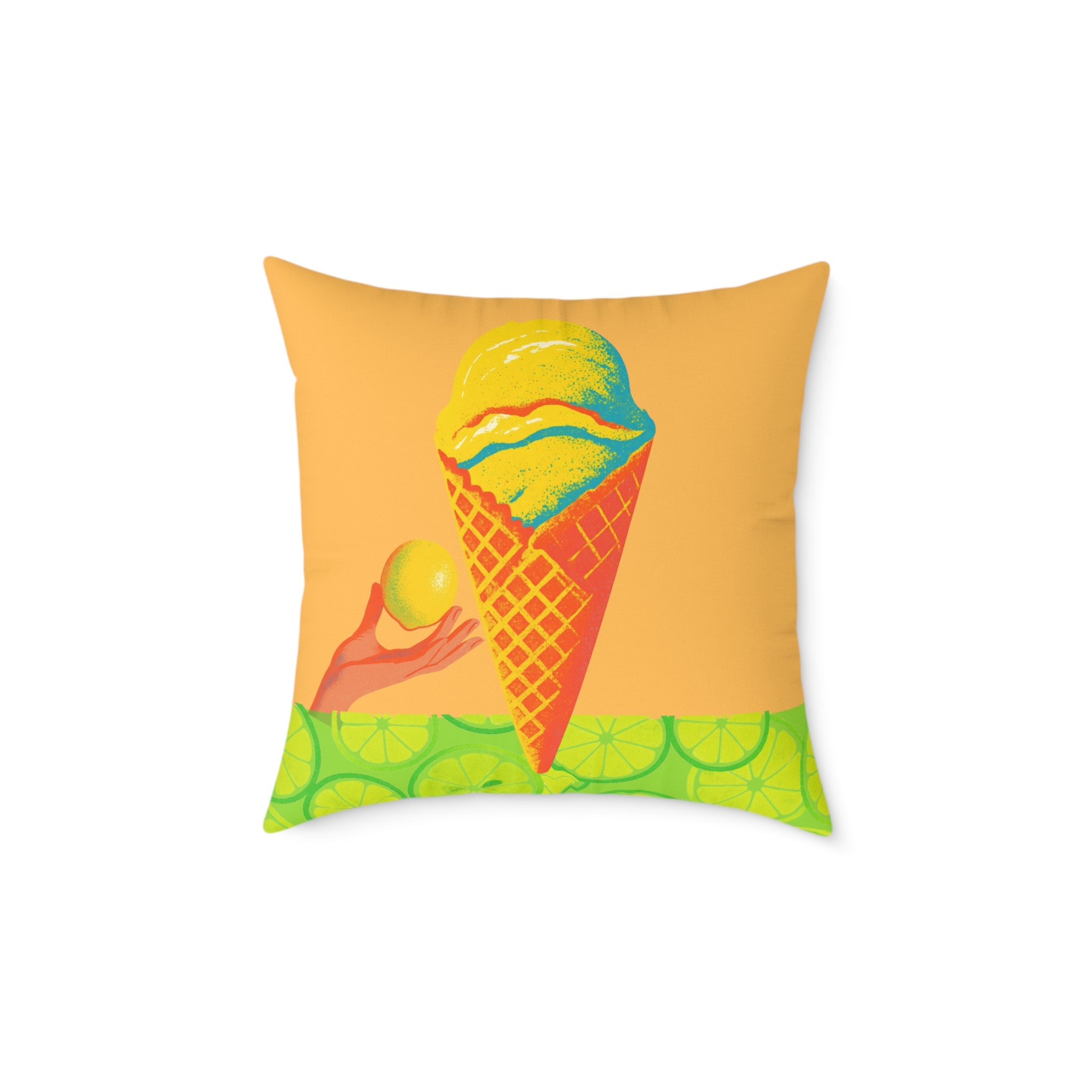 Decorative pillow with ice cream cone design on a yellow background