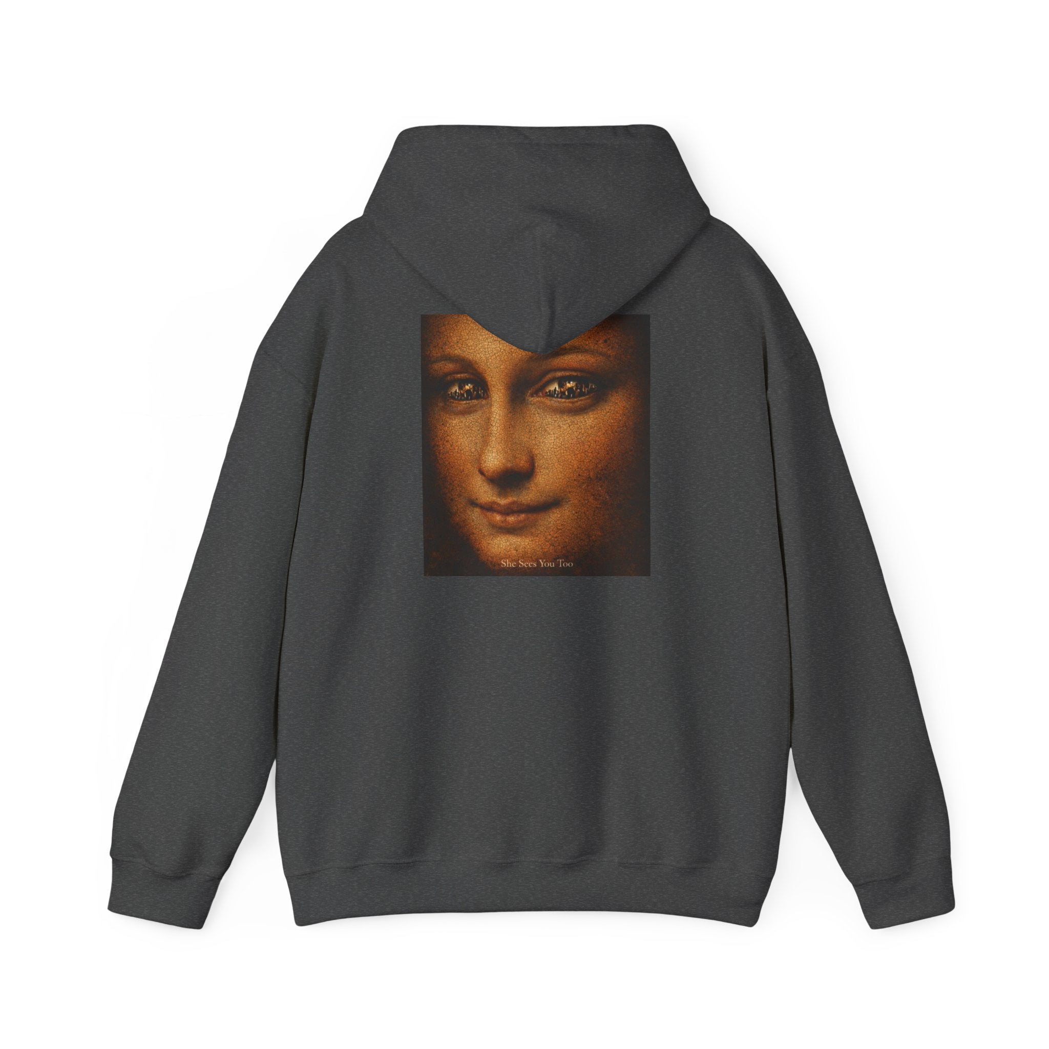 Back view of heather hoodie showing a reimagined graphic of Da Vinci's Mona Lisa on a white background 