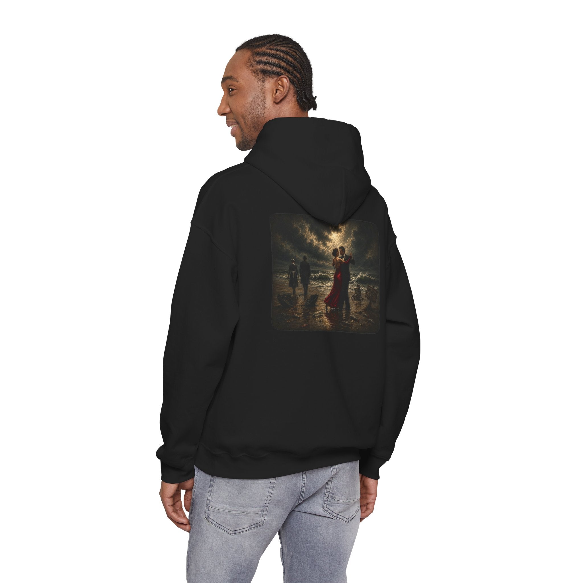 Man wearing black hoodie with a graphic of a Vettriano inspired Singing Butler print on the back on a white background