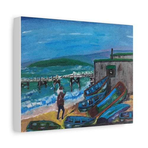 Painting of a coastal scene on the Isle of Wight with boats and a person on a dock. 