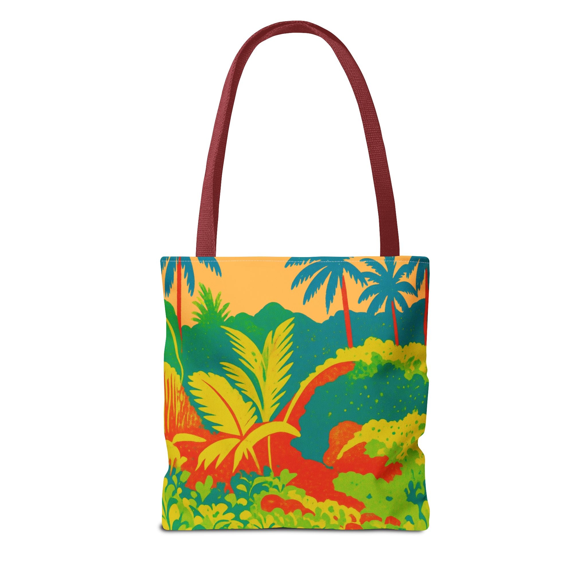 Tote bag with a colorful tropical design inspired by St Joseph in Barbados on a white background