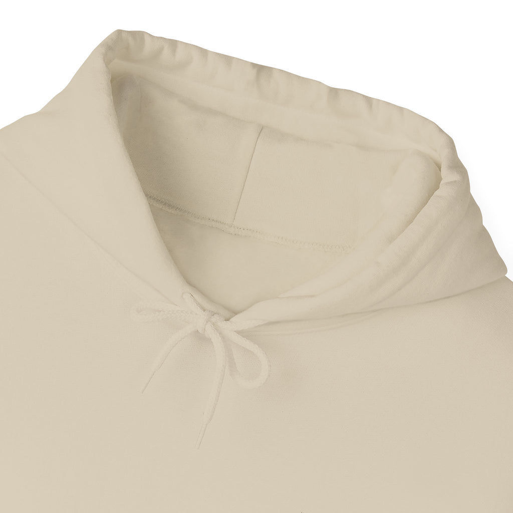Close up of  neck area of beige hoodie 