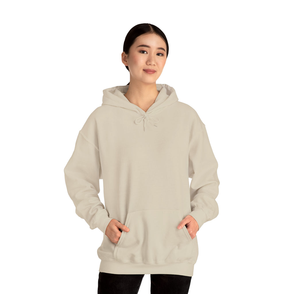Beige hoodie with a graphic of a reimagined Vermeer girl with a pearl earring on the back, displayed on a white background