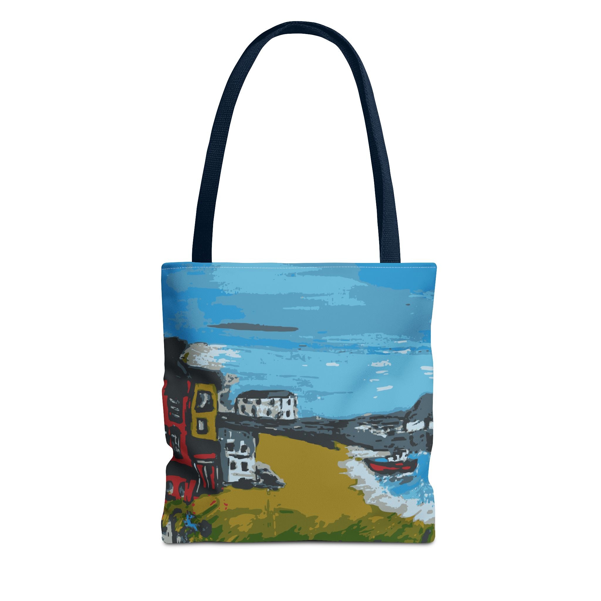 Tote bag with a scenic design of  Viking Bay in Broadstairs, Kent showing houses and boats on a white background