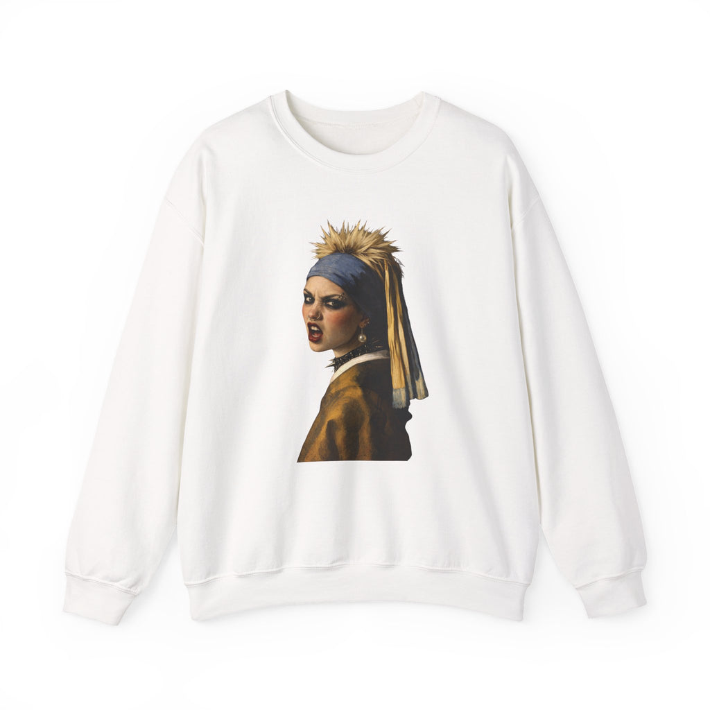 White sweatshirt with a graphic of the girl with a pearl earring on a white background