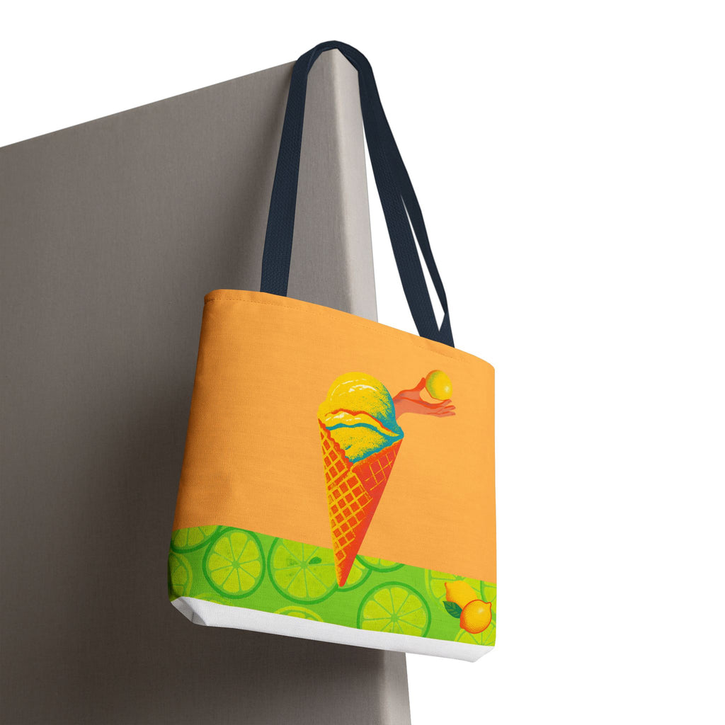 Tote bag with ice cream cone design on a white background