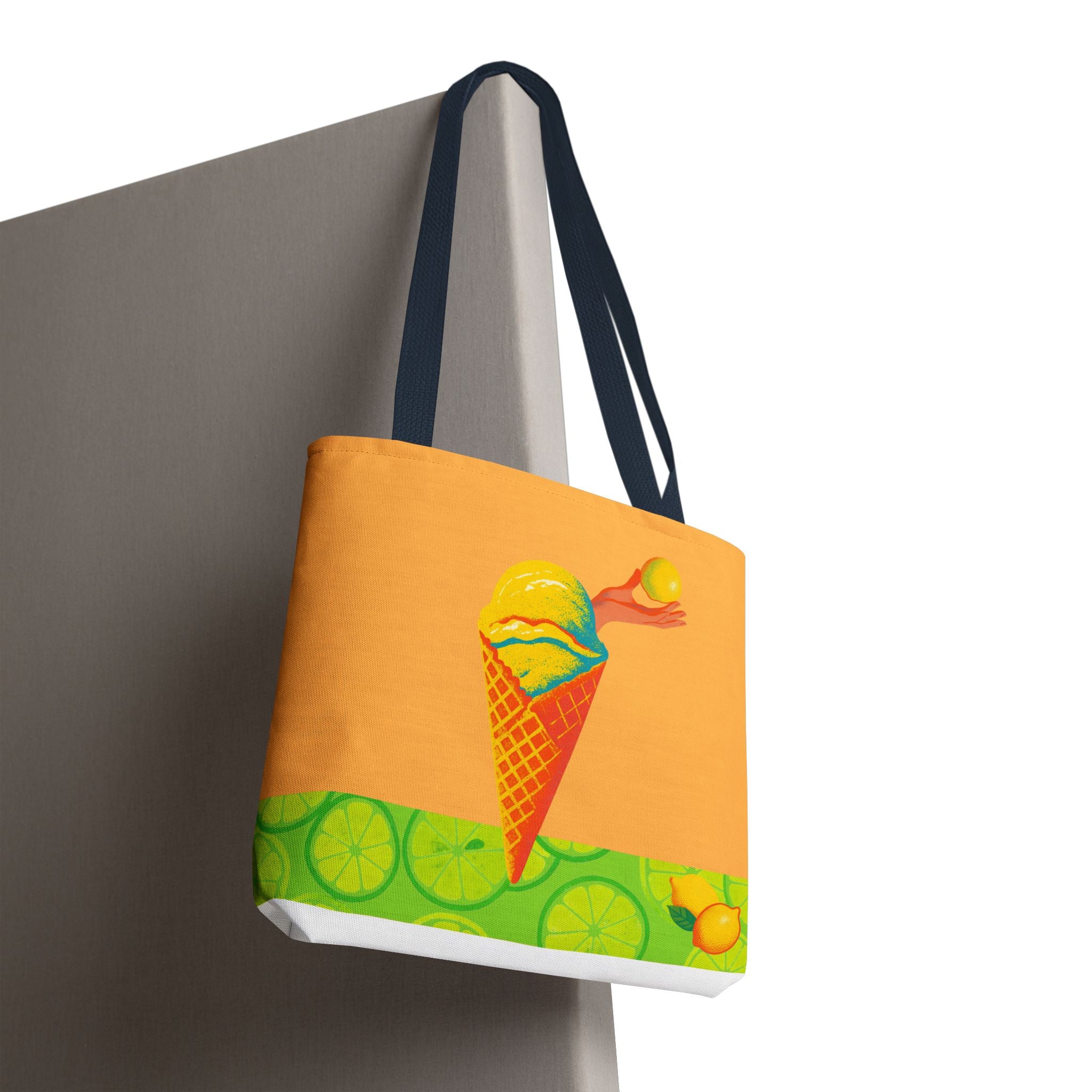 Tote bag with ice cream cone design on a white background