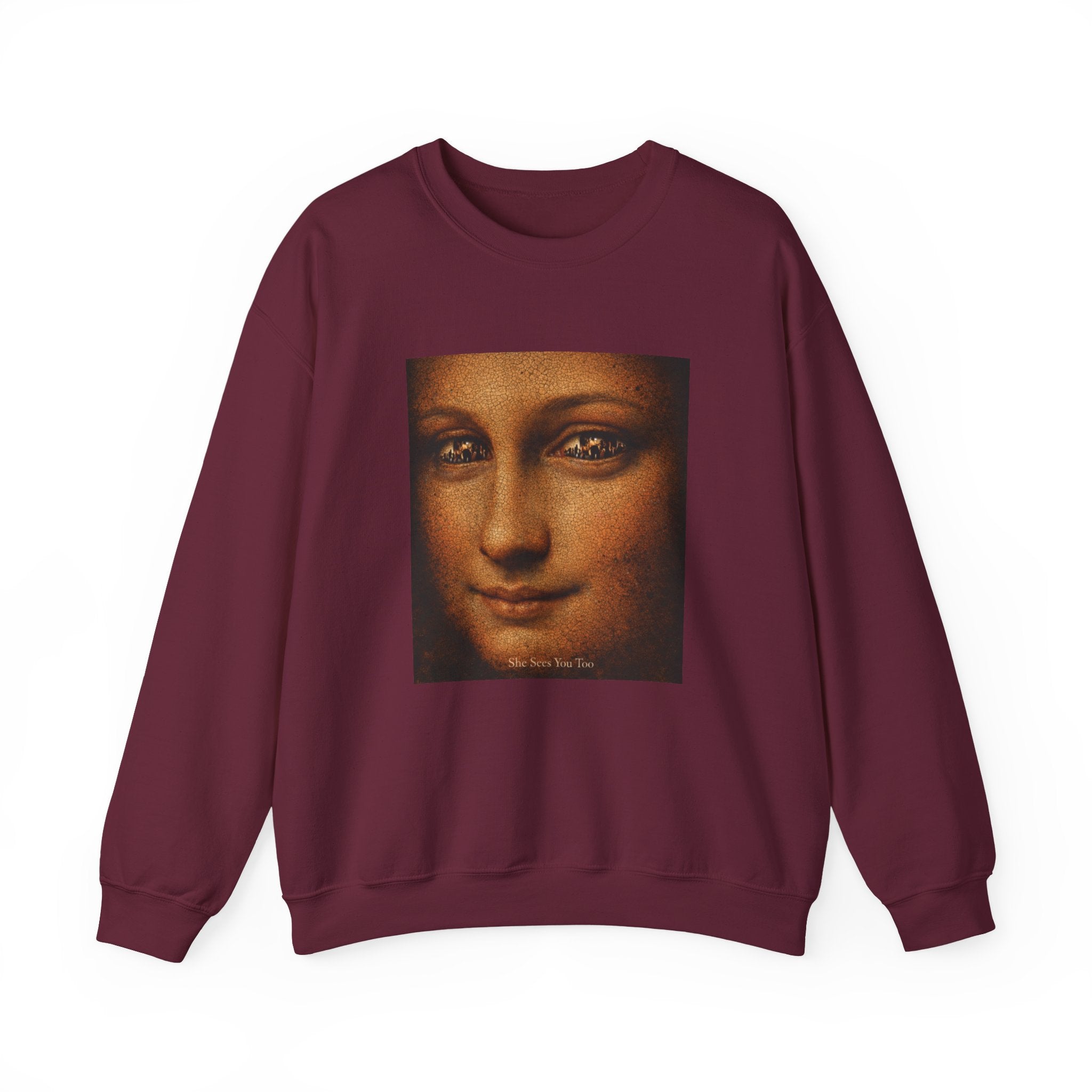 Maroon sweatshirt showing a reimagined image of Da Vinci's Mona Lisa on a white background