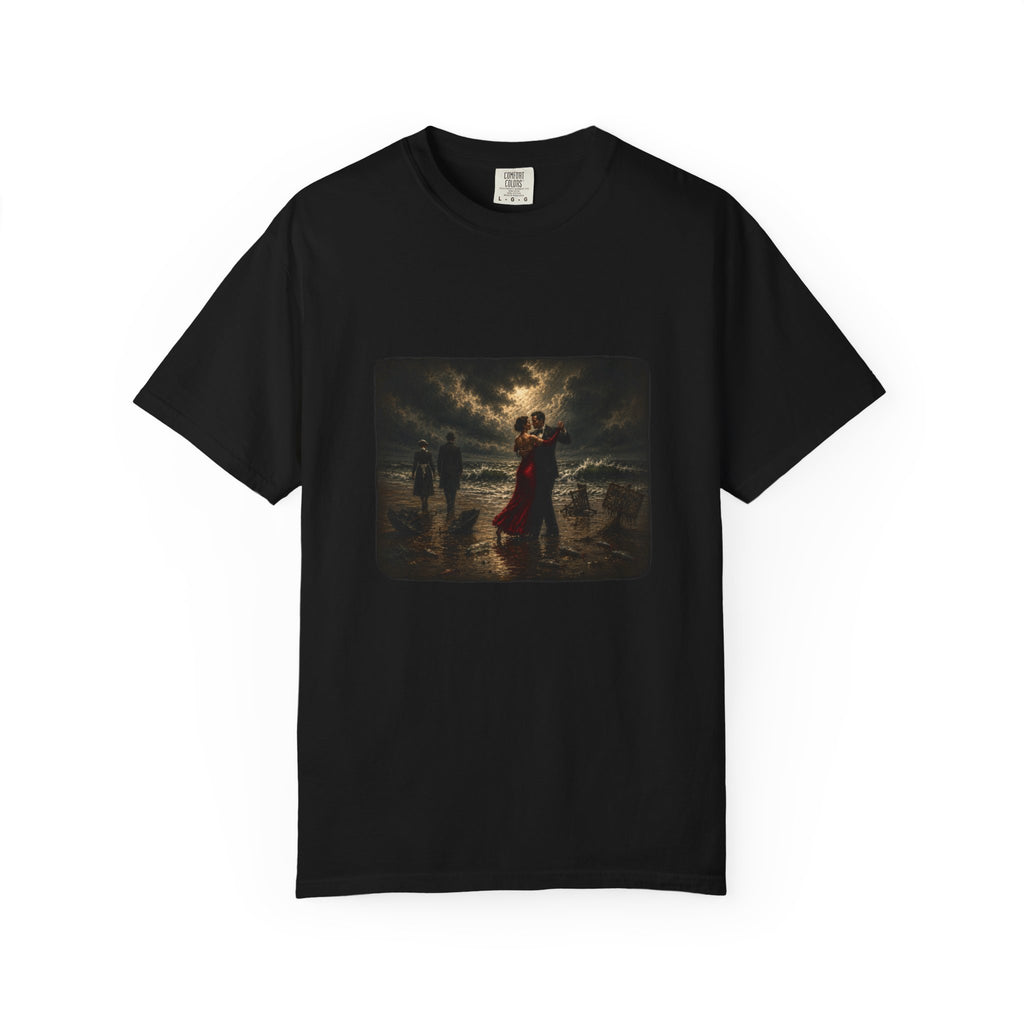 Black t-shirt with a graphic of a Vettriano inspired Singing Butler print on a white background