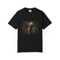 Black t-shirt with a graphic of a Vettriano inspired Singing Butler print on a white background