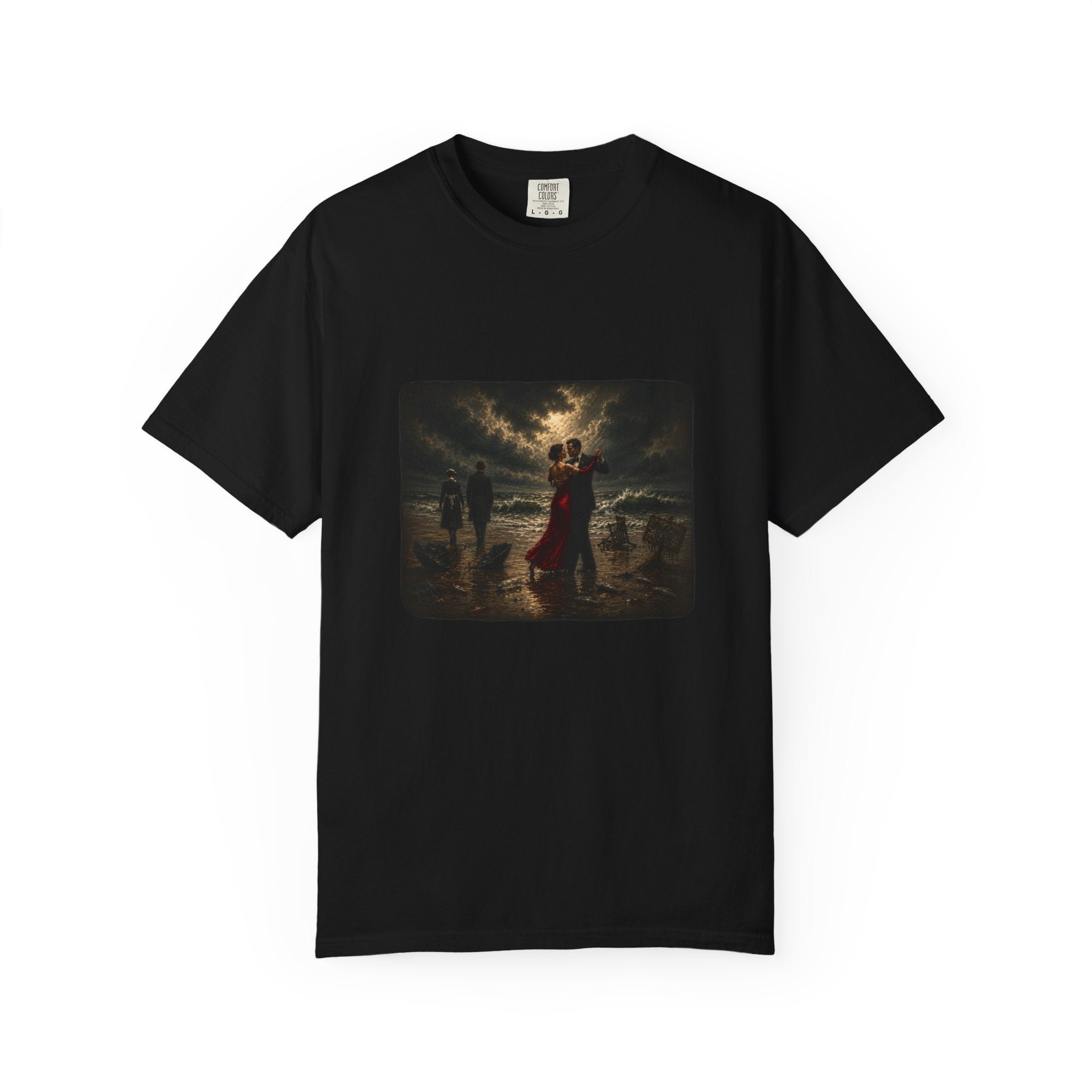Black t-shirt with a graphic of a Vettriano inspired Singing Butler print on a white background