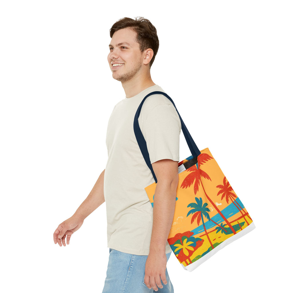 Man carrying a colorful beach bag with palm tree design inspired by St Philip in Barbados on a white background