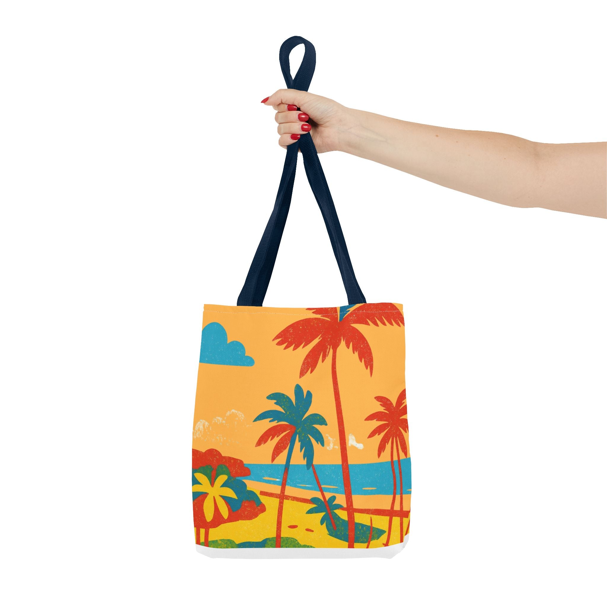 Woman holding a tote bag with palm tree design inspired by St Philip in Barbados held by a hand on a white background