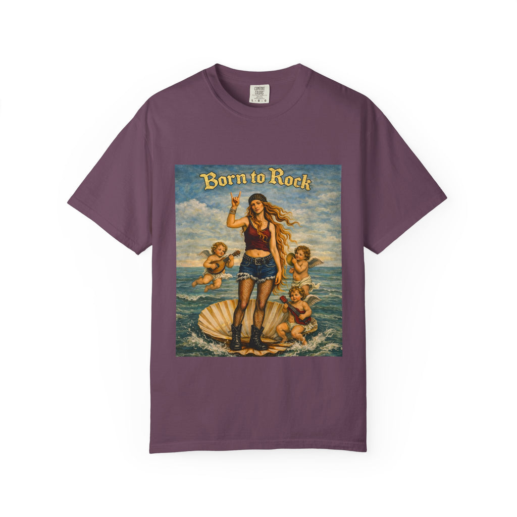 Berry t-shirt showing a reimagined image of Botticelli's Venus with 'Born to Rock' graphic design on a white background