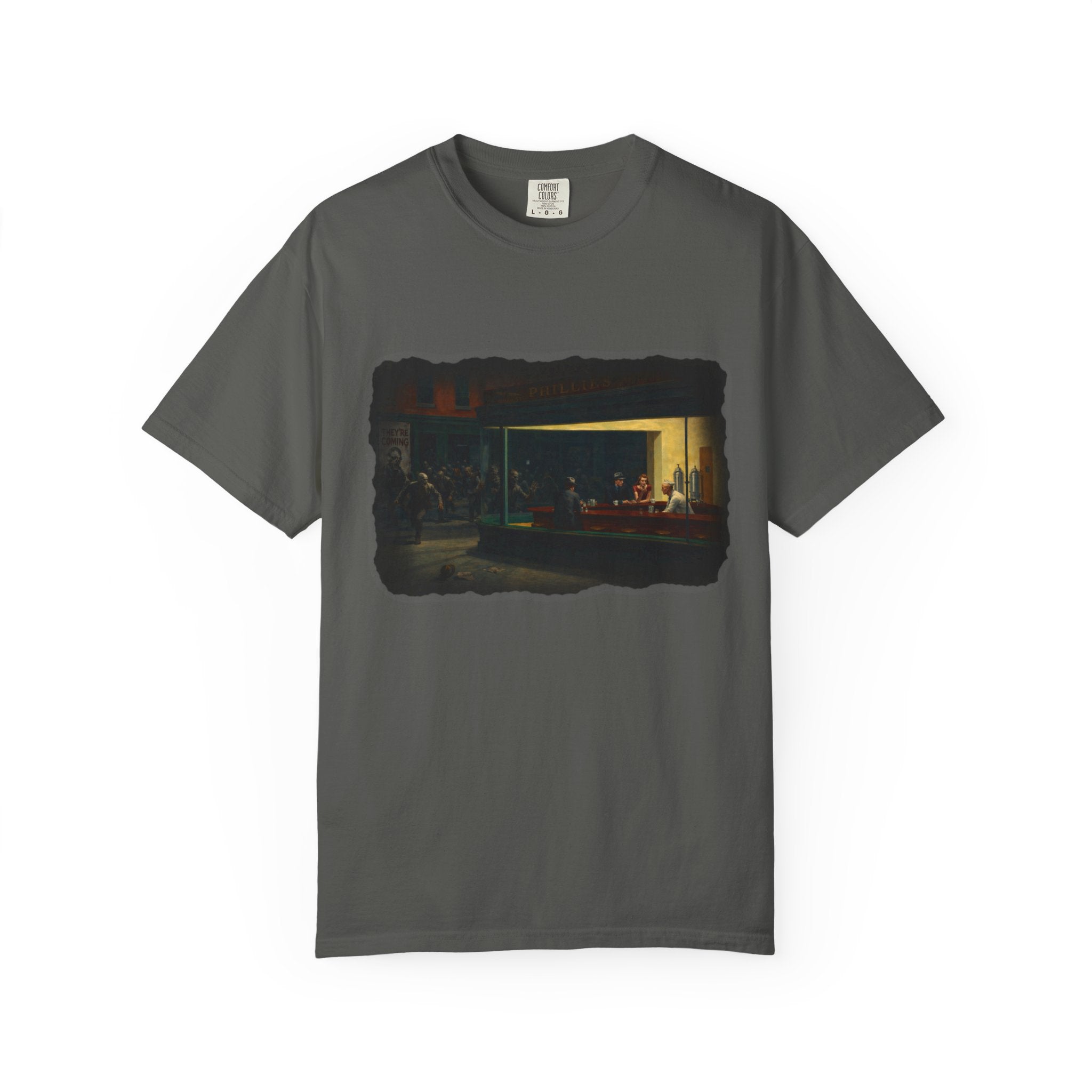 Pepper colour tshirt with graphic image inspired by Edward Hopper's Nighthawks on a white background