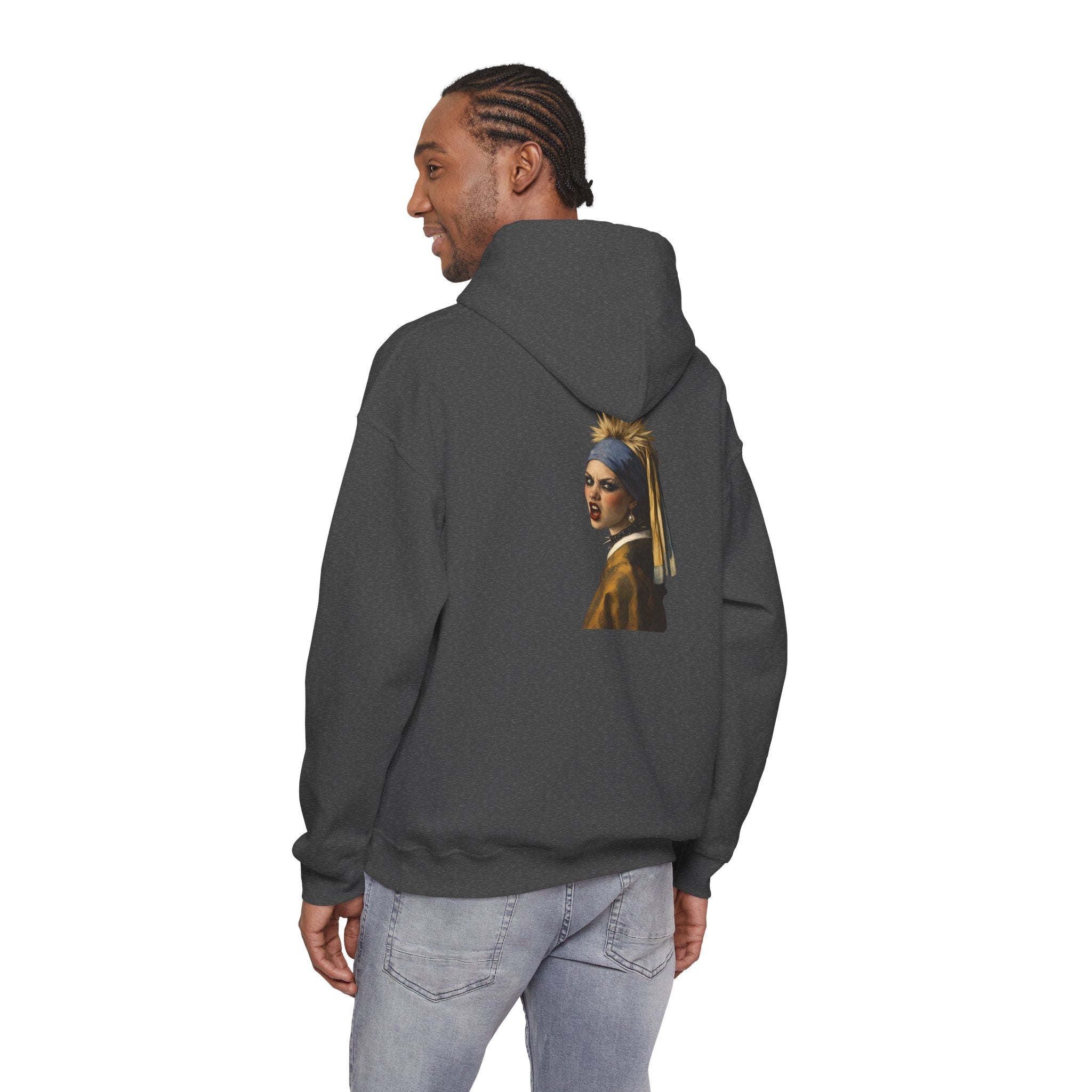Man wearing grey hoodie with a graphic of a reimagined Vermeer girl with a pearl earring on the back, displayed on a white background