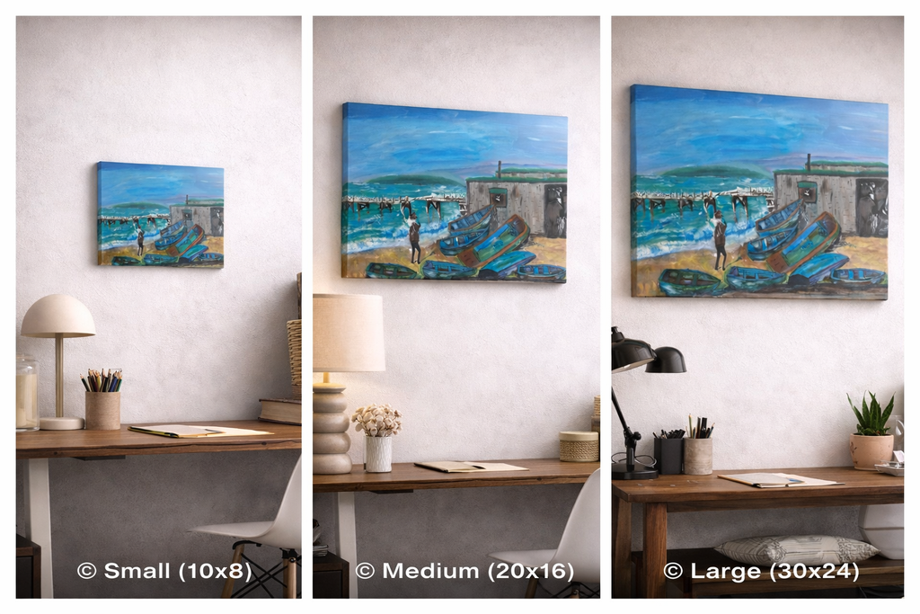 coastal painting showing three different sizes in different settings