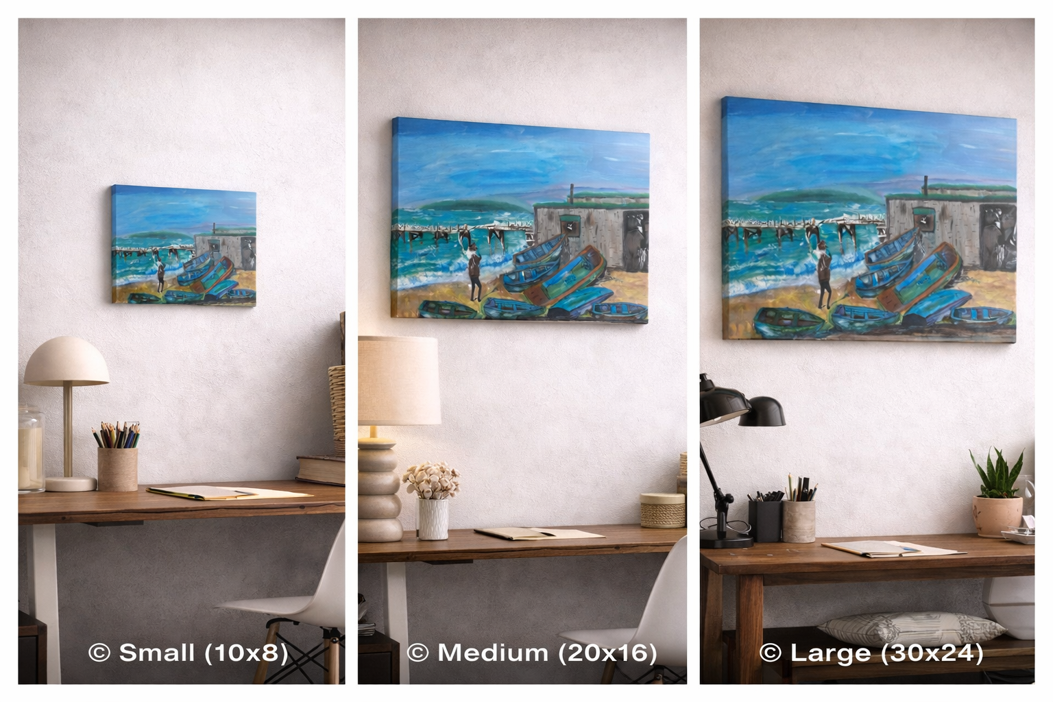 coastal painting showing three different sizes in different settings