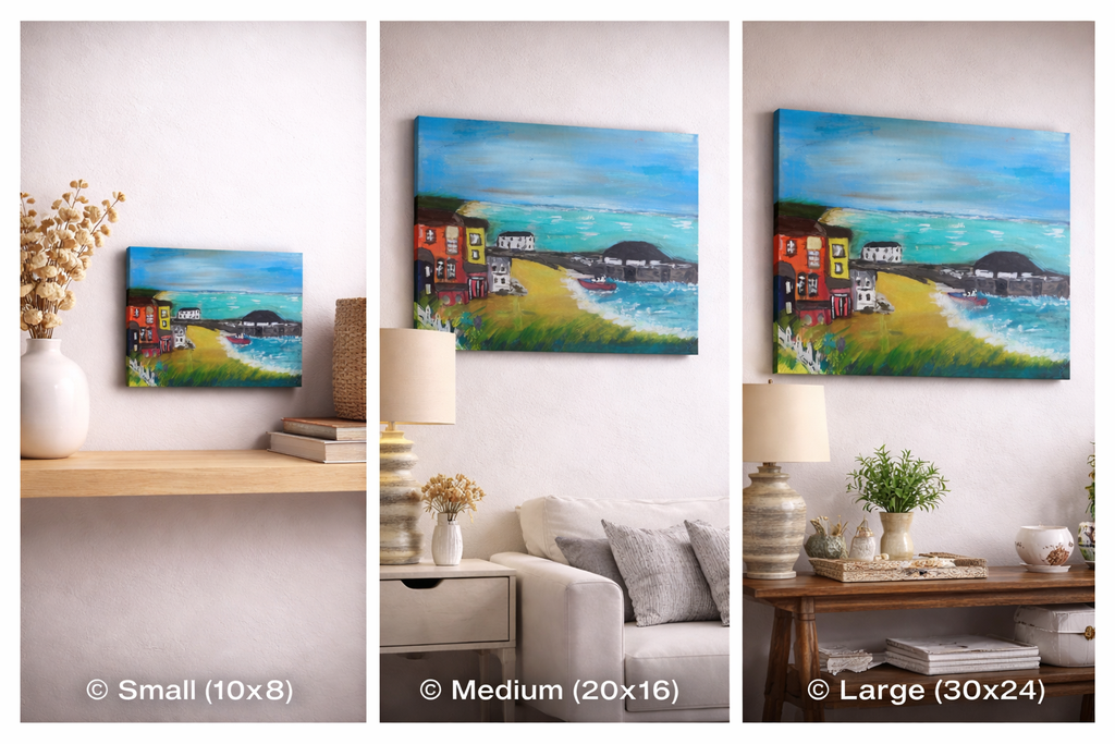artistic coastal scene showing three different sizes in different settings