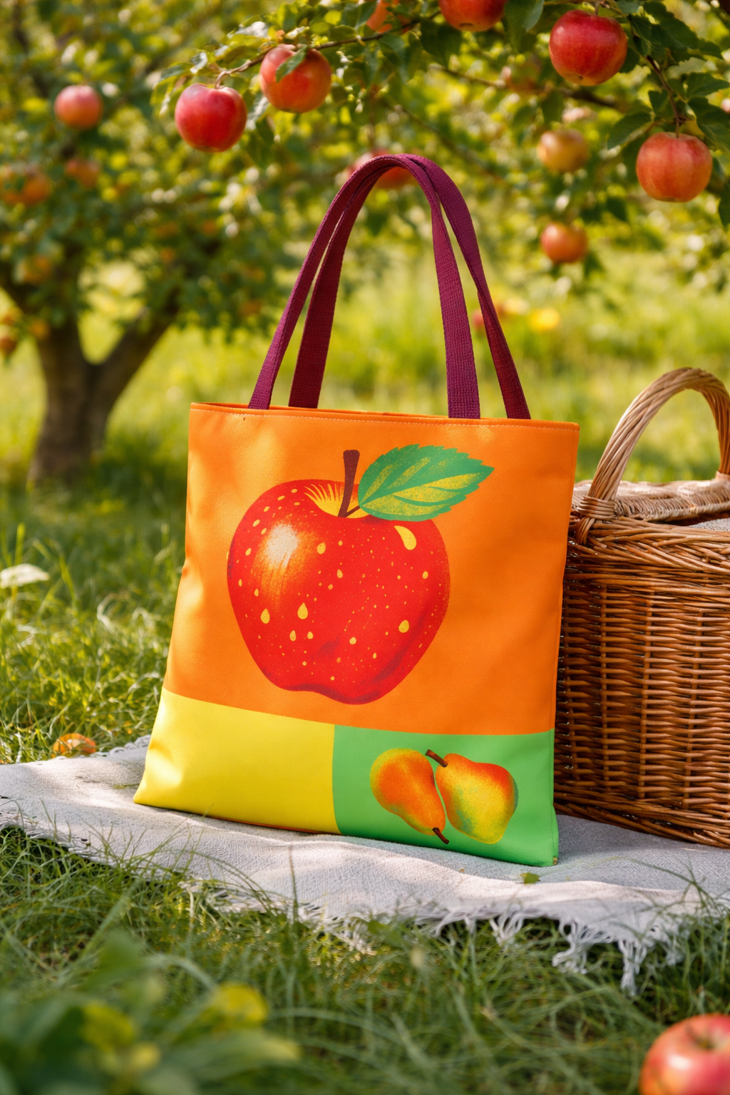 Orange tote bag with apple design in an orchard setting
