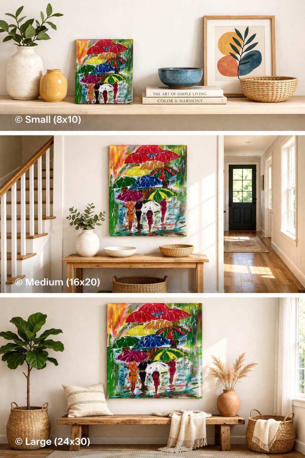 Colorful abstract umbrella painting displayed in various room settings.