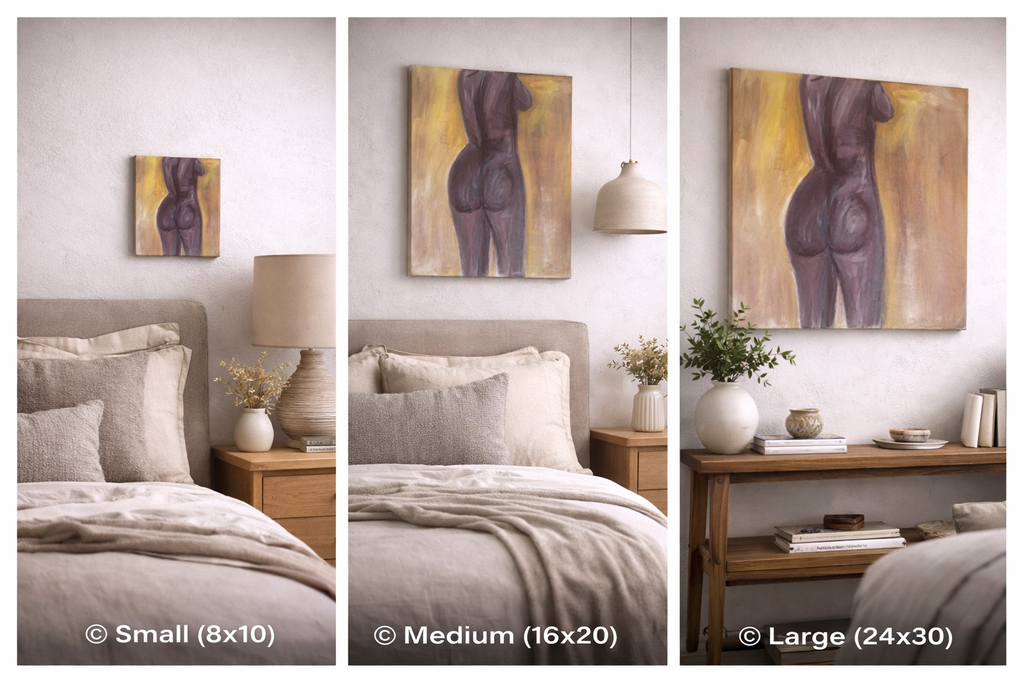 canvas painting showing nude brown figure on yellow background showing 3 different sizes and settings 