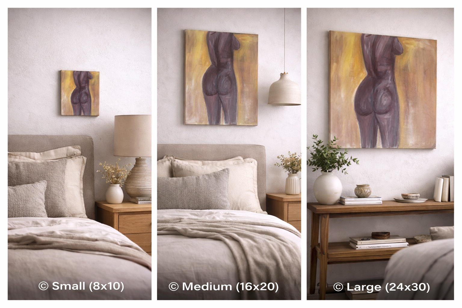 canvas painting showing nude brown figure on yellow background showing 3 different sizes and settings 