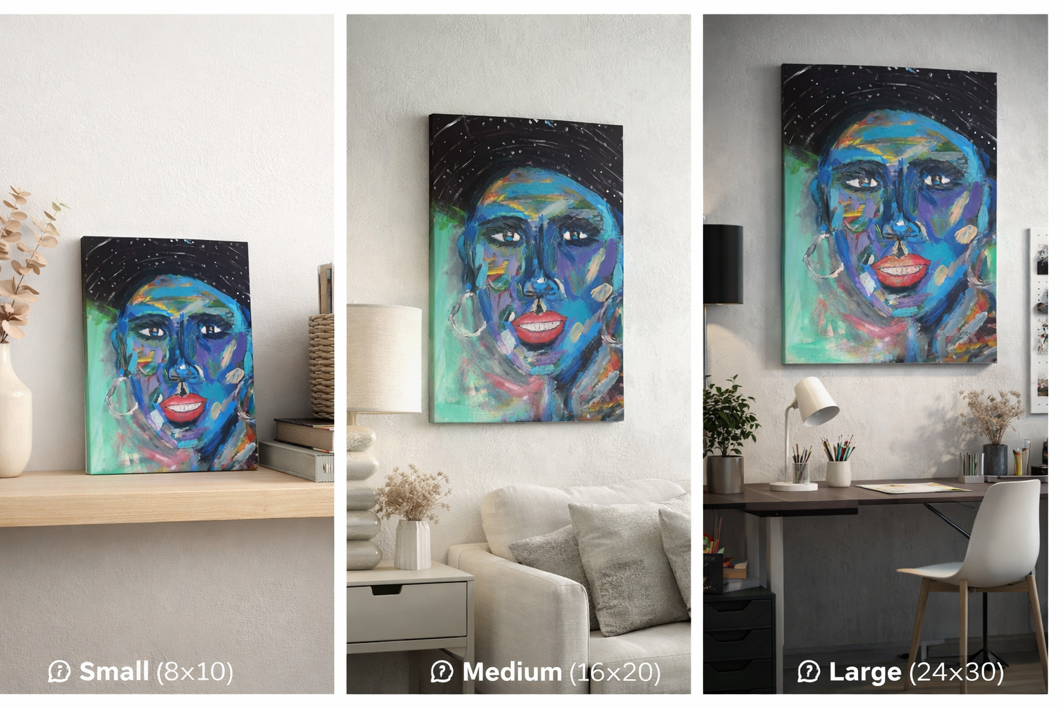 Three sizes of a colorful abstract painting of a face in a home setting.