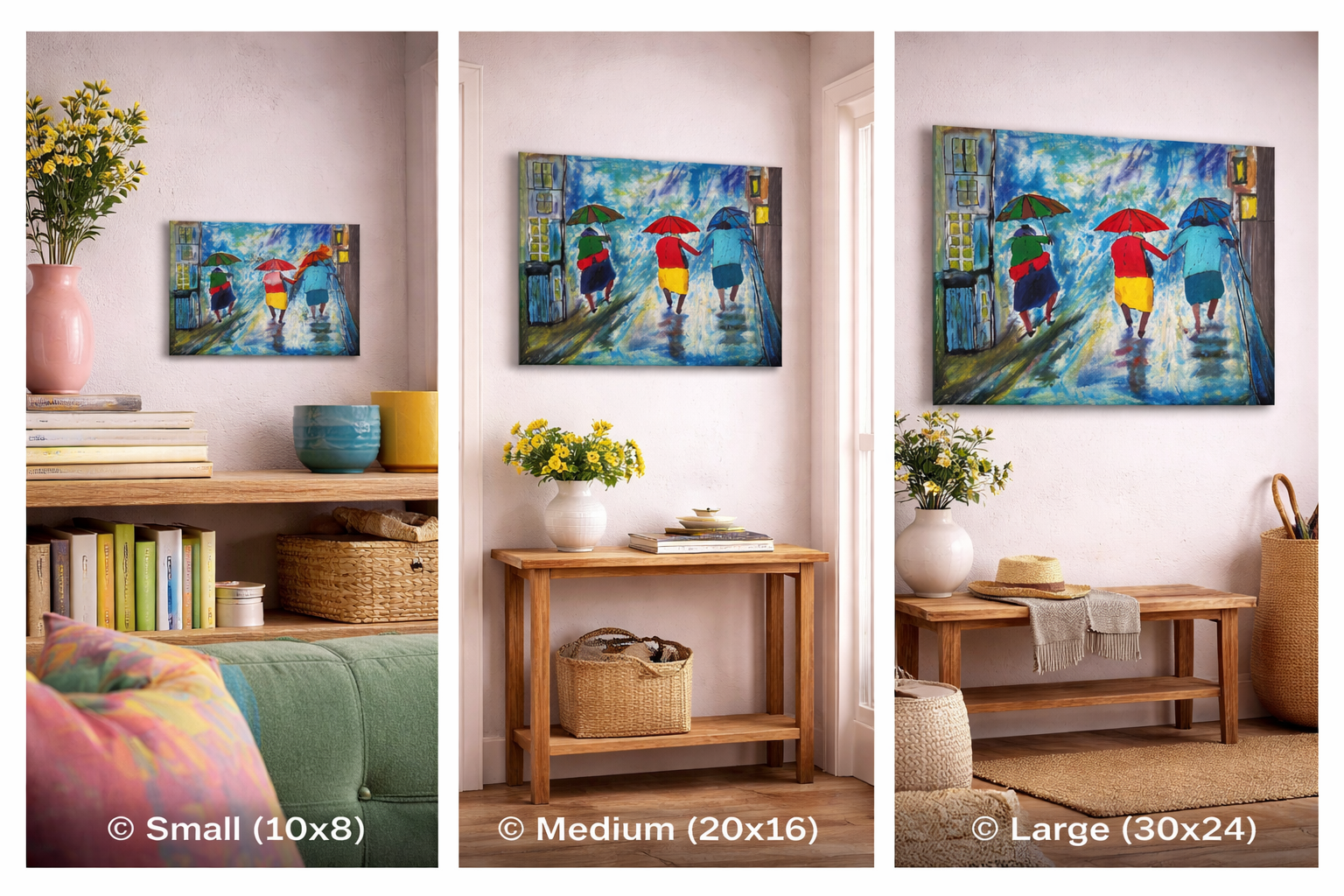 Three sizes of a colorful painting of children with umbrellas in a living room setting.