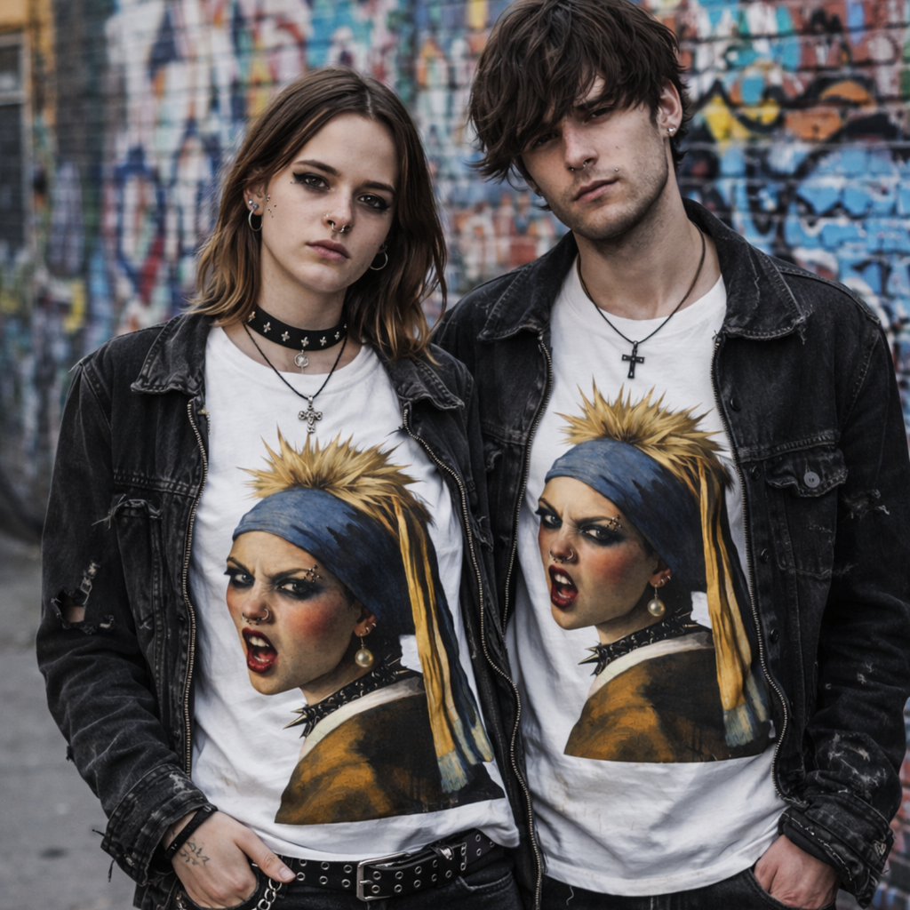Two people wearing t-shirts with a stylized depiction of a punk girl with a pearl earring, standing in front of a graffiti-covered wall.